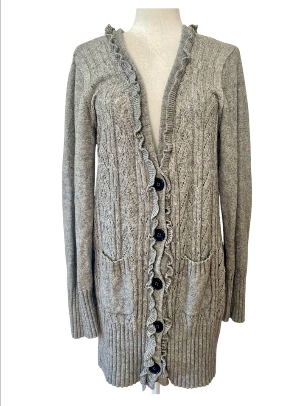 Banana Republic Factory Cable Pointelle Ruffle Long Cardigan Gray L Wool Blend